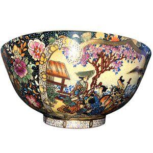 Antique Japanese Meiji Satsuma Geisha's Garden Song Bowl Gold Gilt Signed Cherry